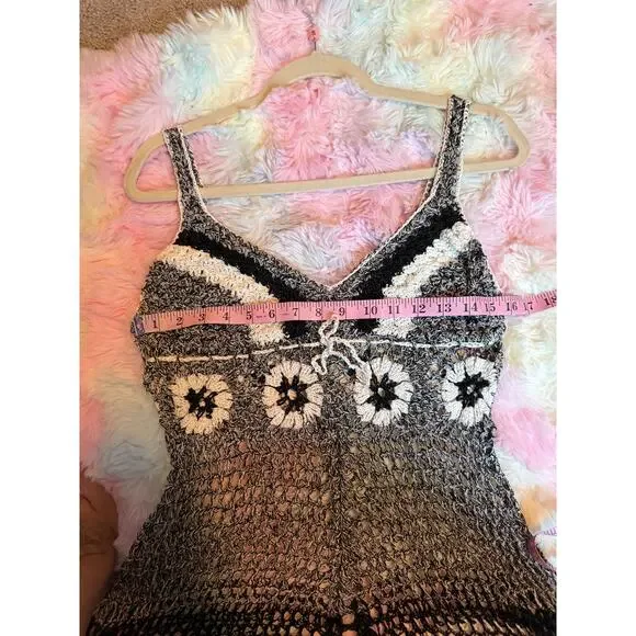 Hand Knit Crochet Mini Dress Tunic Black White S/M Stretchy - Picture 4 of 9